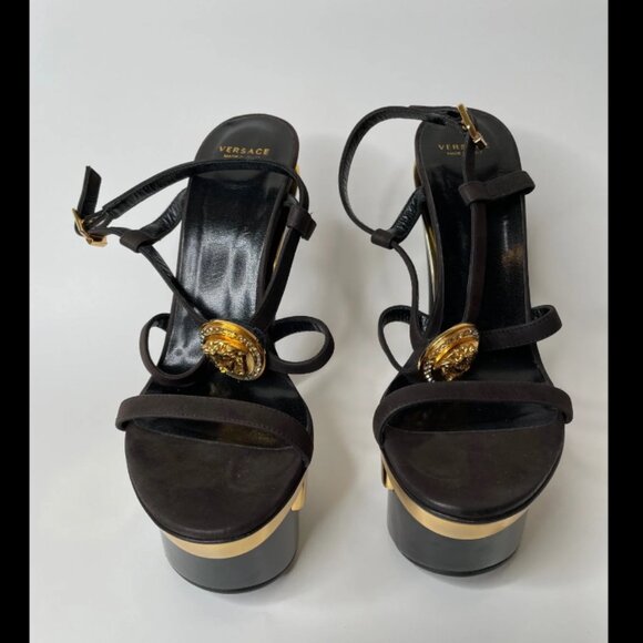 Versace Black & Gold Medusa Triple Platform Swarovski Crystals Sandals Heels - Picture 12 of 13